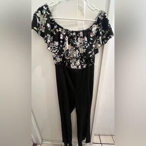 SHEIN Black Floral Off-Shoulder Jumpsuit